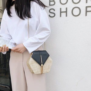 Sanmar™ Hexagon Multi Style Straw+pu Bag Handbags Women Summer Rattan Bag Handmade Woven