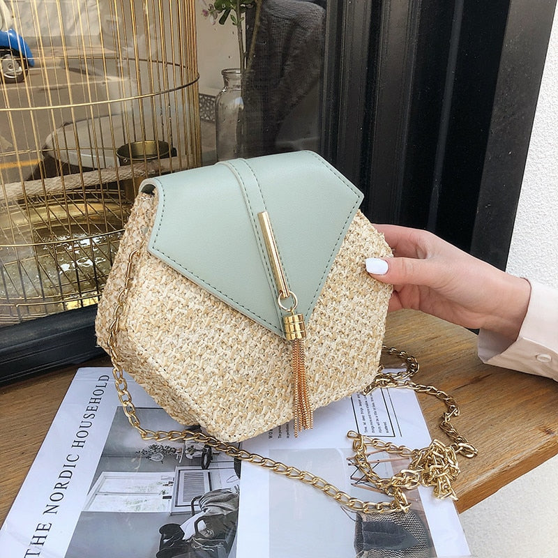Sanmar™ Hexagon Multi Style Straw+pu Bag Handbags Women Summer Rattan Bag Handmade Woven