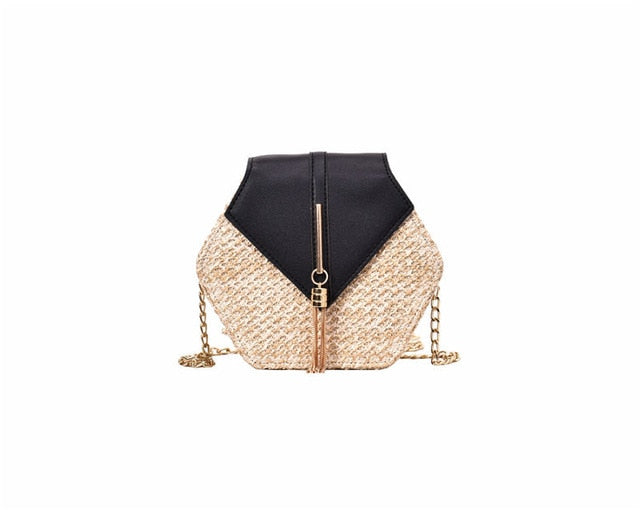 Sanmar™ Hexagon Multi Style Straw+pu Bag Handbags Women Summer Rattan Bag Handmade Woven