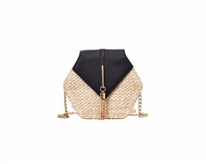 Sanmar™ Hexagon Multi Style Straw+pu Bag Handbags Women Summer Rattan Bag Handmade Woven