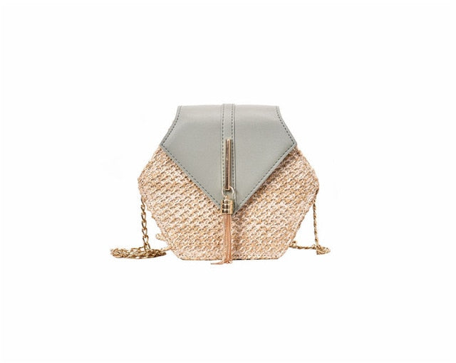 Sanmar™ Hexagon Multi Style Straw+pu Bag Handbags Women Summer Rattan Bag Handmade Woven