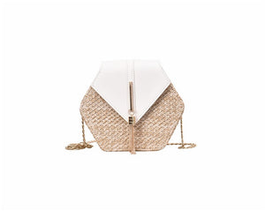 Sanmar™ Hexagon Multi Style Straw+pu Bag Handbags Women Summer Rattan Bag Handmade Woven