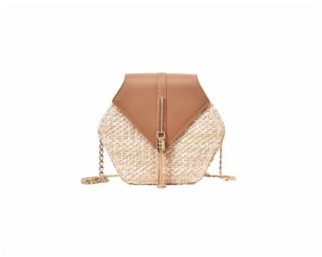Sanmar™ Hexagon Multi Style Straw+pu Bag Handbags Women Summer Rattan Bag Handmade Woven