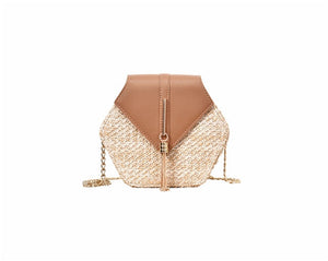Sanmar™ Hexagon Multi Style Straw+pu Bag Handbags Women Summer Rattan Bag Handmade Woven