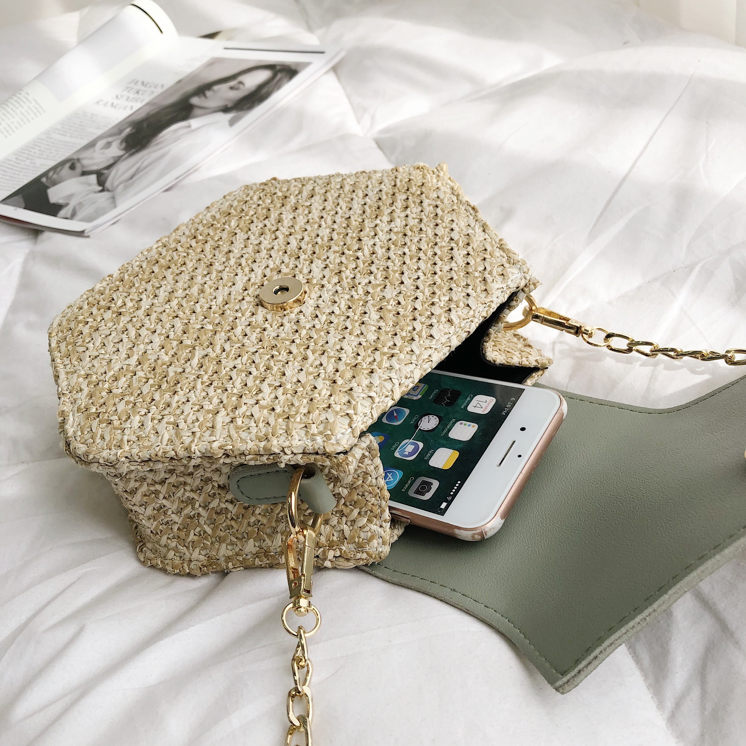 Sanmar™ Hexagon Multi Style Straw+pu Bag Handbags Women Summer Rattan Bag Handmade Woven