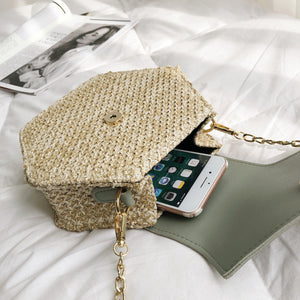 Sanmar™ Hexagon Multi Style Straw+pu Bag Handbags Women Summer Rattan Bag Handmade Woven
